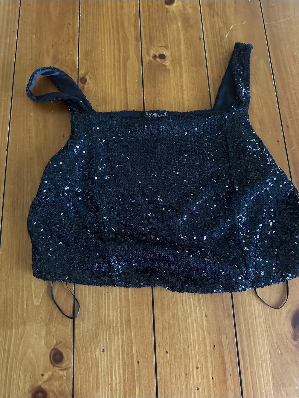 Rachel Zoe Black Sequin Cropped Square-Neck Tank